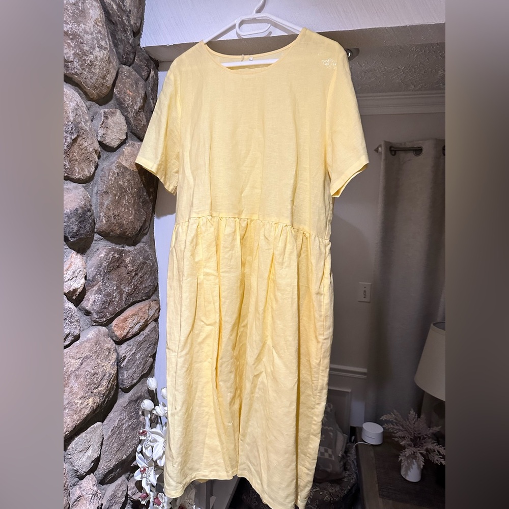 Vintage Handmade Linen Cotton Blend Midi Dress butter Yellow Cottagecore Size L - Picture 12 of 14